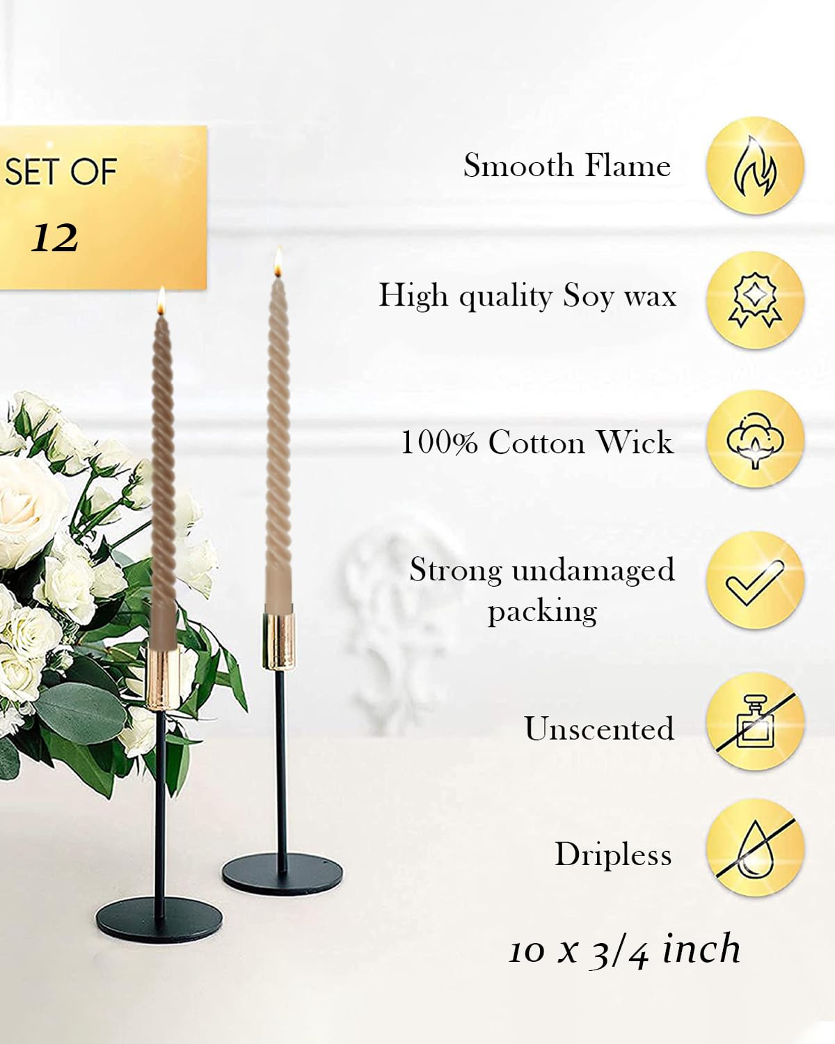 LPUSA Brown Tall Taper Candles Spiral Candle Sticks,Unscented Pastel Candle for Holiday,Wedding and Home Decoration,10inch,12 Pack(E-Gradient Brown)