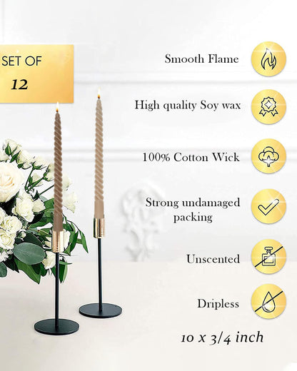 LPUSA Sahara Beige Taper Candles Brown Spiral Candle Sticks,Unscented Dripless Long Candlesticks for Holiday,Wedding and Fall Decoration,10inch,12 Pack,E