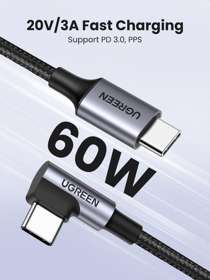 UGREEN Right Angle USB C Cable 6.6FT 2-Pack, 60W USB C to USB C Cable 90 Degree Type C Cable for iPhone 17/16, MacBook Pro/Air, iPad Pro 2022/Air 5/Mini 6, Galaxy S25/S24/S22, Pixel 8/7, Switch