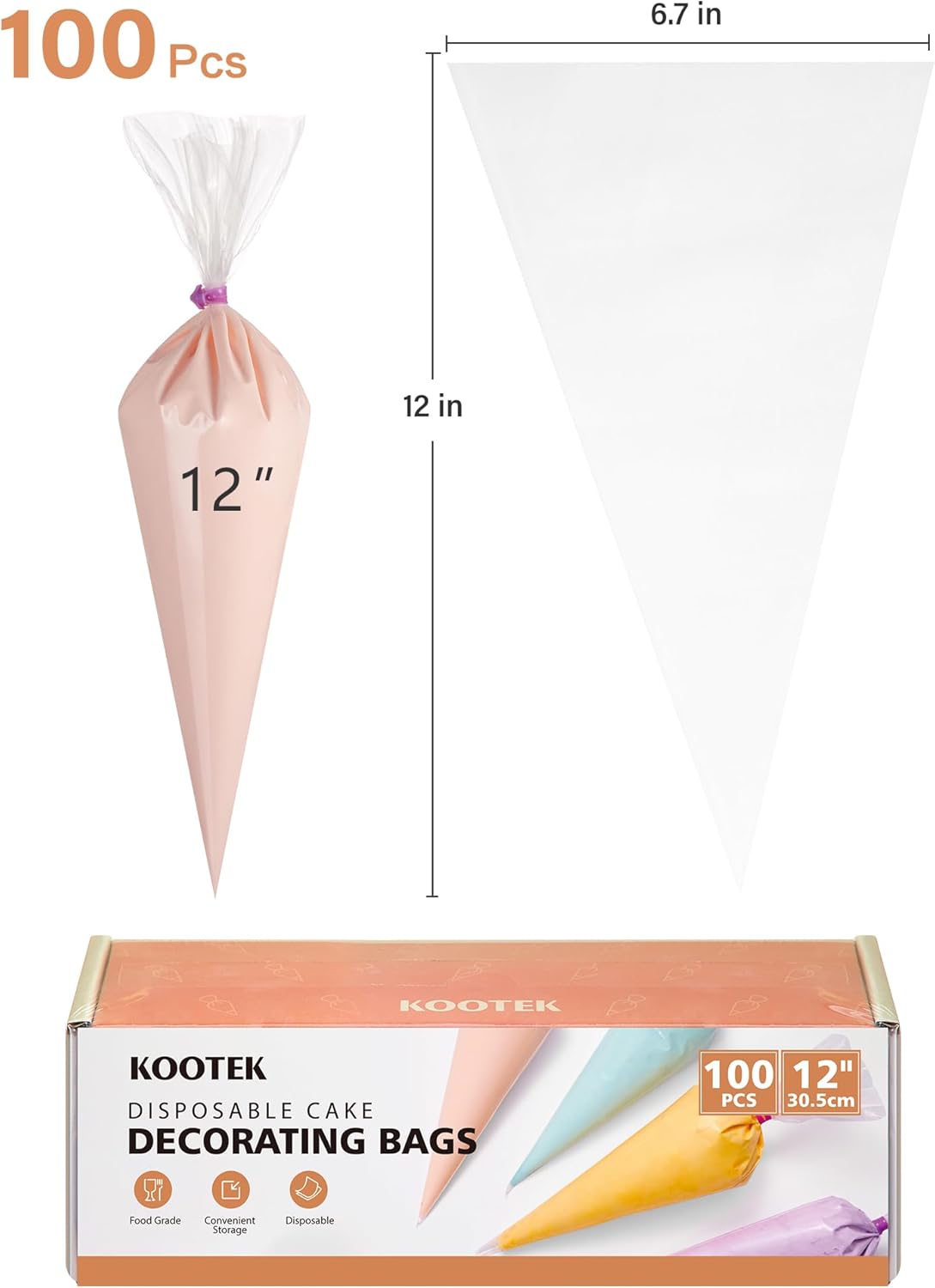 Kootek 12" Piping Bags (100Pcs), Disposable Anti Burst Pastry Bags for Cake Decorating, Cookies, and Baking Supplies.