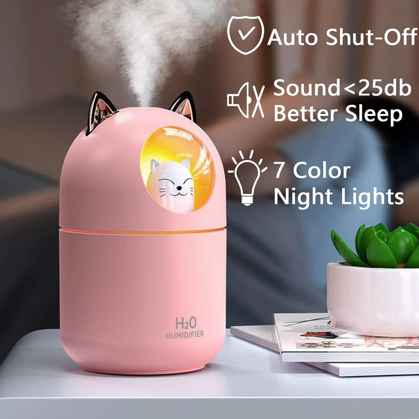 Small Humidifier, Cute Portable Cool Mist with 6 Pcs Humidifier Sticks, 7 Color Night Light