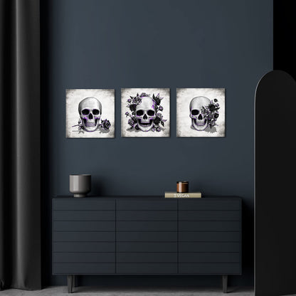 Artsbay Grey Skeleton Wall Art Skull and Rose Pictures Paintings Rustic Gothic Home Decor for Living Room Bedroom Bathroom 12" x 12" x 3PCS