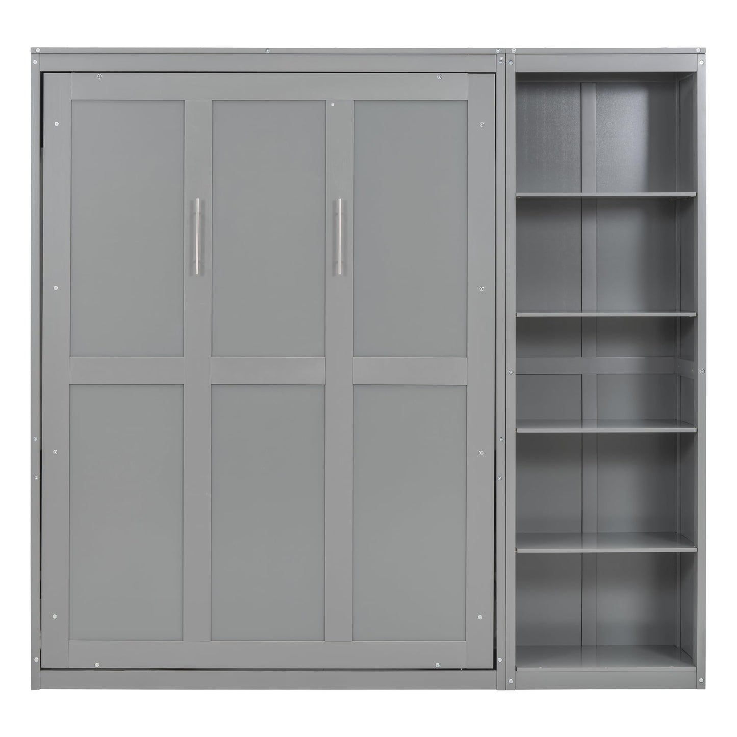 KTATK Full Size Murphy Bed with Five-Layer Cabinet,Solid Wood Storage Hidden Wall Beds Frame,W/Dual Piston Metal Folding Mechanism Designed,Space-Saving,for Home Office,Study,Guest Room,Gray