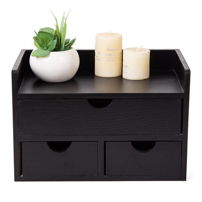 Rustic Distressed white 3-Tier Wood Desk Organizer with 3 Drawers Mini Storage Shelf For Desk, Toiletries Vanity Office Supplies (Black)