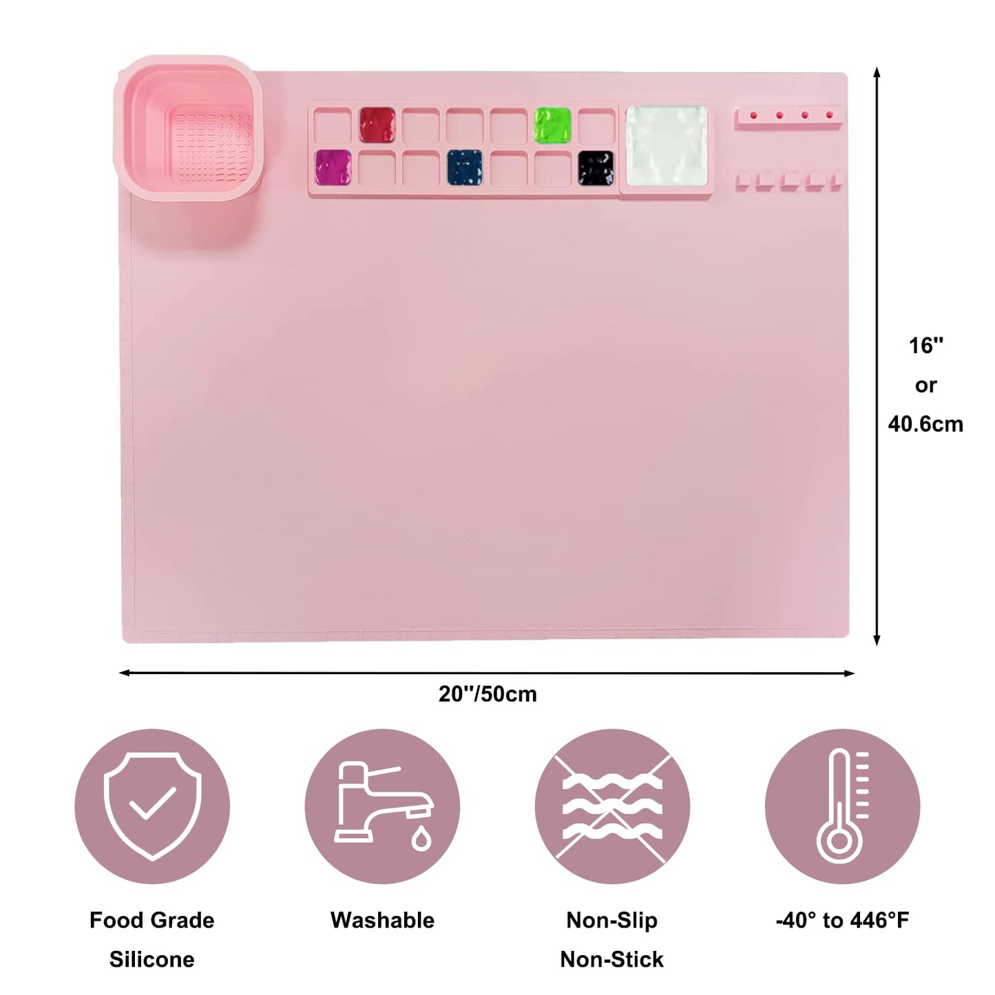 Silicone Craft Mat, Silicone Painting Mat, Silicone Art Mat with Cup & Brush Holders, Silicone Mats for Crafts, Multipurpose Silicone Art Mat for Painting, Art, Clay, Play Doh (20'' x 16'', Pink)