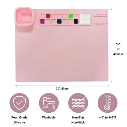 Silicone Craft Mat, Silicone Painting Mat, Silicone Art Mat with Cup & Brush Holders, Silicone Mats for Crafts, Multipurpose Silicone Art Mat for Painting, Art, Clay, Play Doh (20'' x 16'', Pink)