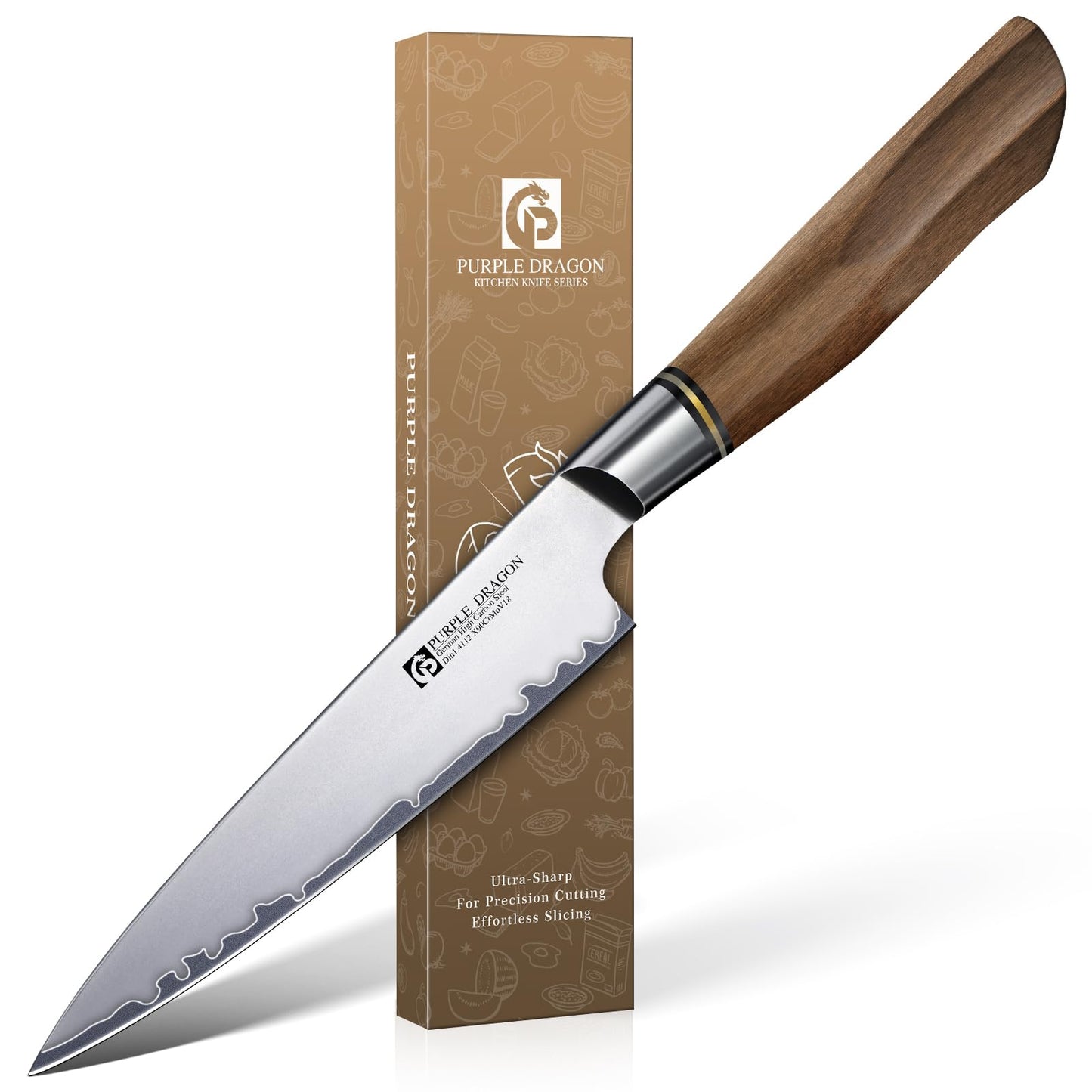 Purple Dragon Kitchen Utility Knife 5.1 Inch, Vg10 Steel Ultra Sharp Blade, Small Kitchen Fruit Paring Knife with Ergonomic Wooden Handle Christmas Gift for Men and Women