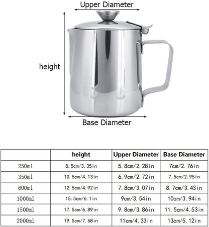 Milk Frothing Pitcher, Stainless Steel Coffee Cup with Lid for Home Office Kitchen Coffee Shop Latte Art, Silver