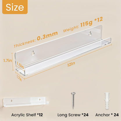 12 Pack 12-Inch Album Laurensory Vinyl Record Shelf Wall Mount, Clear Acrylic Storage Holder, Floating Display Shelves