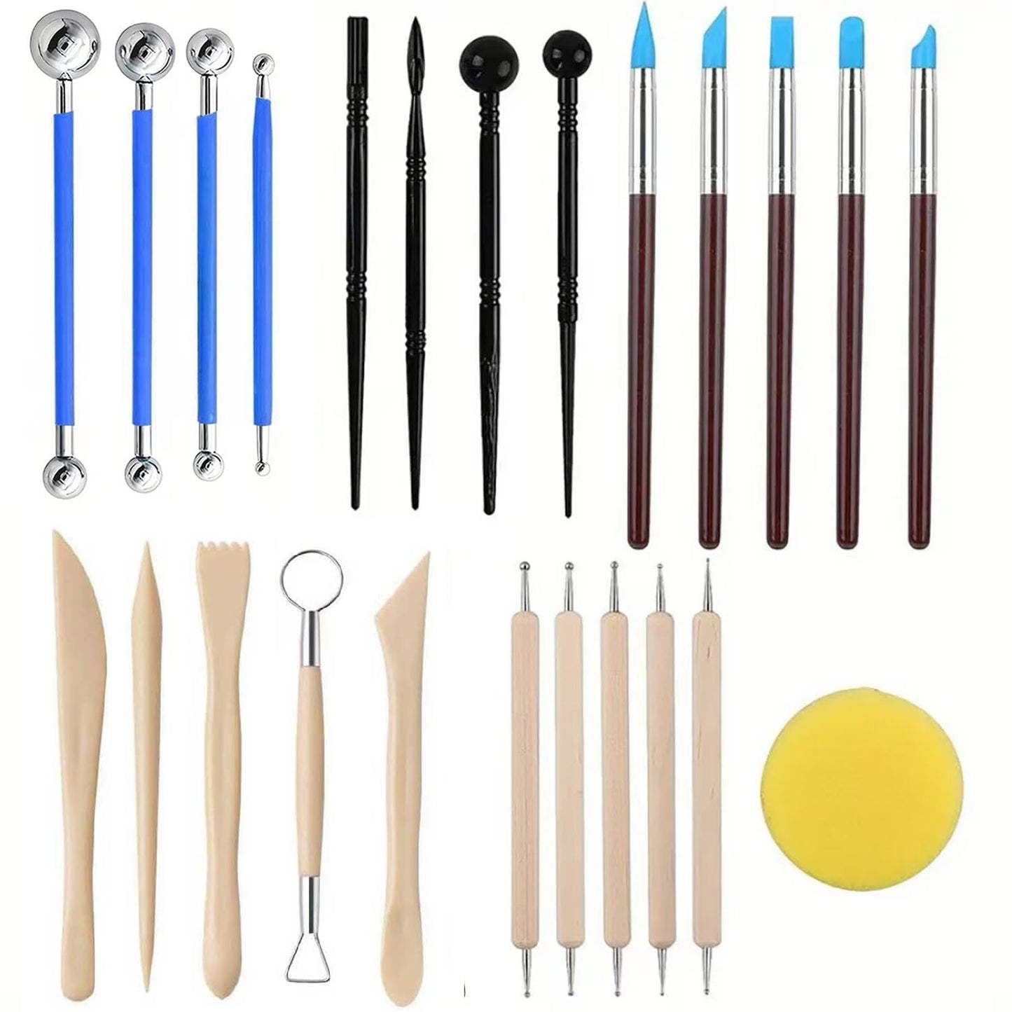 24Pcs Clay Sculpting Tool Set, Polymer Clay Kit with Ball Stylus Pens, Silicone Sculpting Brushes, Wooden Carving Tools & Smoothing Sponge, Professional Pottery Modeling Tools for Ceramic& DIY Crafts