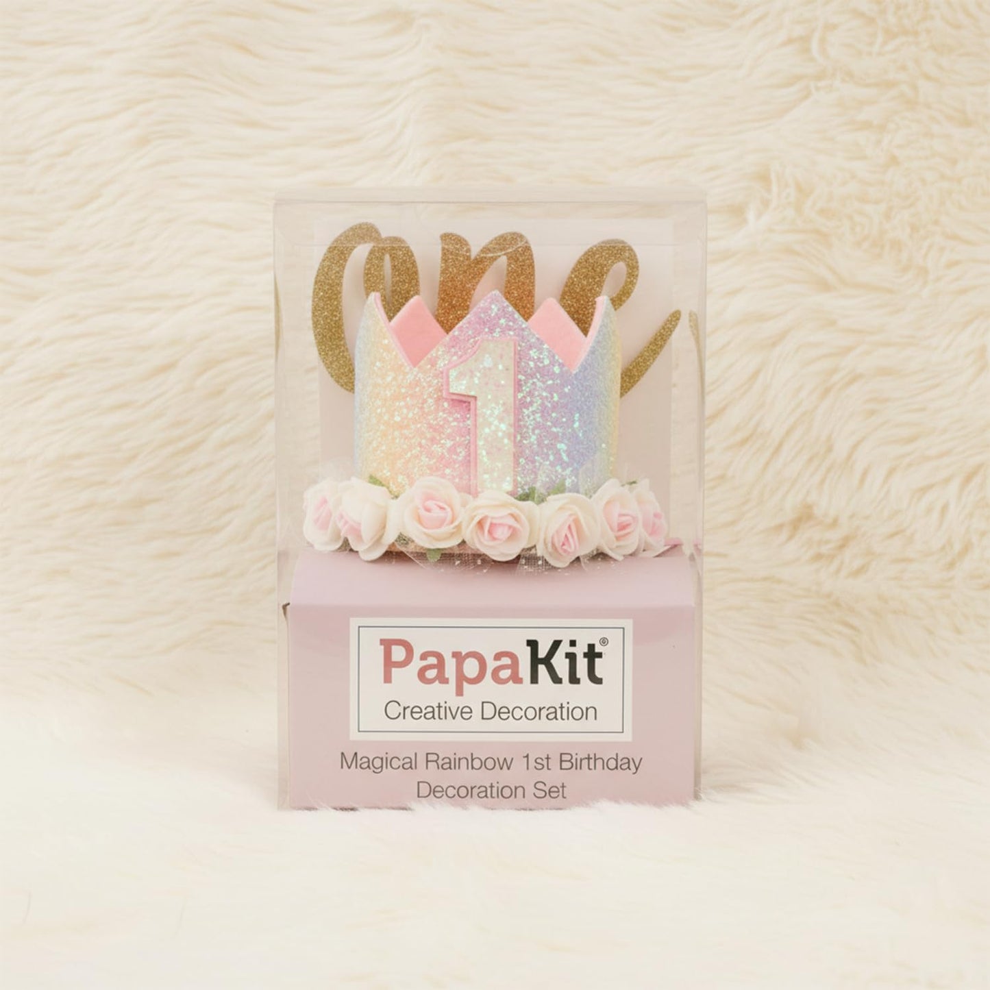 1st Set PapaKit Girls Birthday High Chair Premium Decoration - Pastel Rainbow Ribbon Garland, Crown, One Banner & Cake