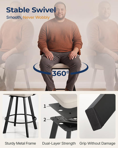 FORSPARK 350 lbs Capacity Bar Stools with Back and Cushion 26" Swivel Counter Height Bar Stools with Solid Wood Back Modern Kitchen Island Chairs with Metal Frame 360°Barstools Dining Room Grey Black