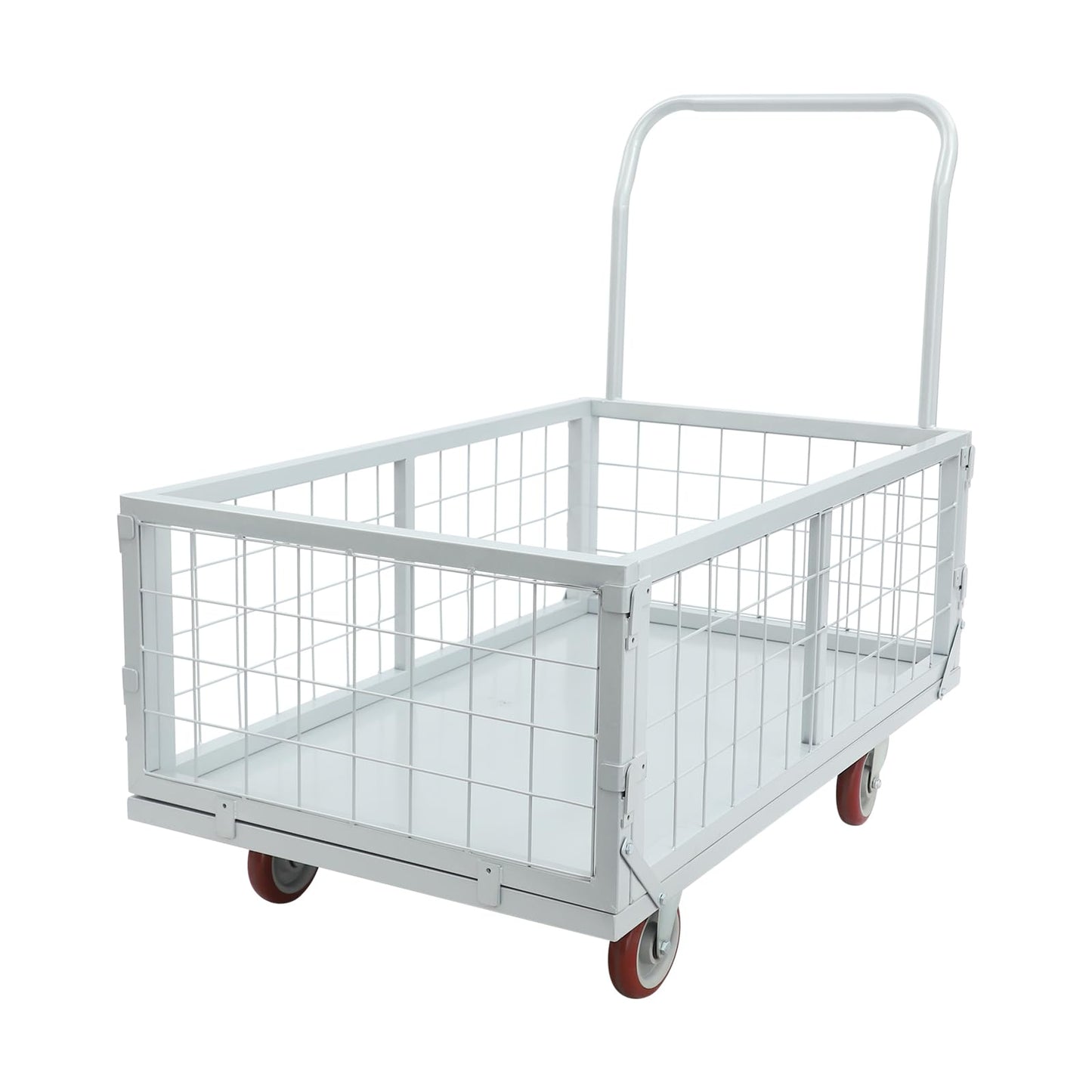 Platform Truck Cart, 4-in-1 Heavy Duty Flatbed Dolly with Detachable Wire Cage, Folding Utility Push Cart with 360° Swivel Casters, Steel Rolling Trolley for Warehouse Garage Transport Moving