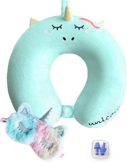 Set urnexttour Neck Travel Pillow for Kids, Unicorn Airplane Memory Foam Pillow with Cute Sleep Mask & Earplugs