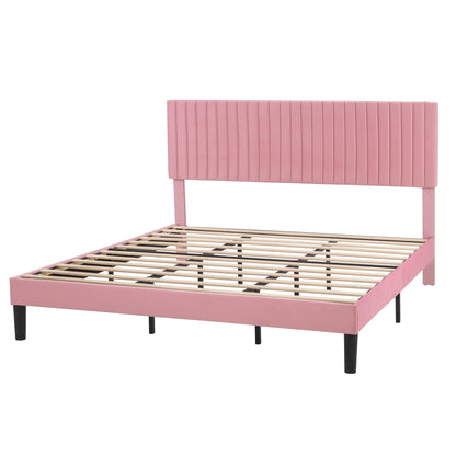SHA CERLIN King Upholstered Platform Bed Frame with Adjustable Headboard/Vertical Channel Tufted Velvet Fabric/Wooden Slats Support/Mattress Foundation/Box Spring Optional/Pink