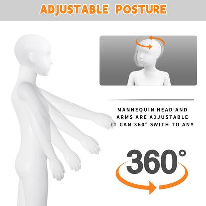 Kids Dress Form Child Mannequin Full Body Sewing Manikin 43.3 Inch Poseable Mannequins with Stand Realistic Mannequins Display Head Dress Mannequin Clothing Form Metal Base Connector, White (Child 4