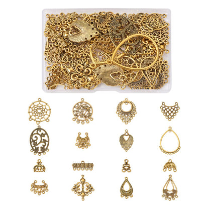 Bestewelry 64Pcs Tibetan Antique Gold Chandelier Charms 16 Styles Vintage Filigree Hollow Links Charms with Loops Findings for Dangle Earrings Connector Components Jewelry Making