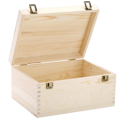 Frcctre Extral Large Unfinished Wooden Box, 13 x 10 x 6.5 inch Natural Unfinished Pine Wood Box with Hinged Lid and Front Clasp for DIY Craft Art Hobbies and Home Storage