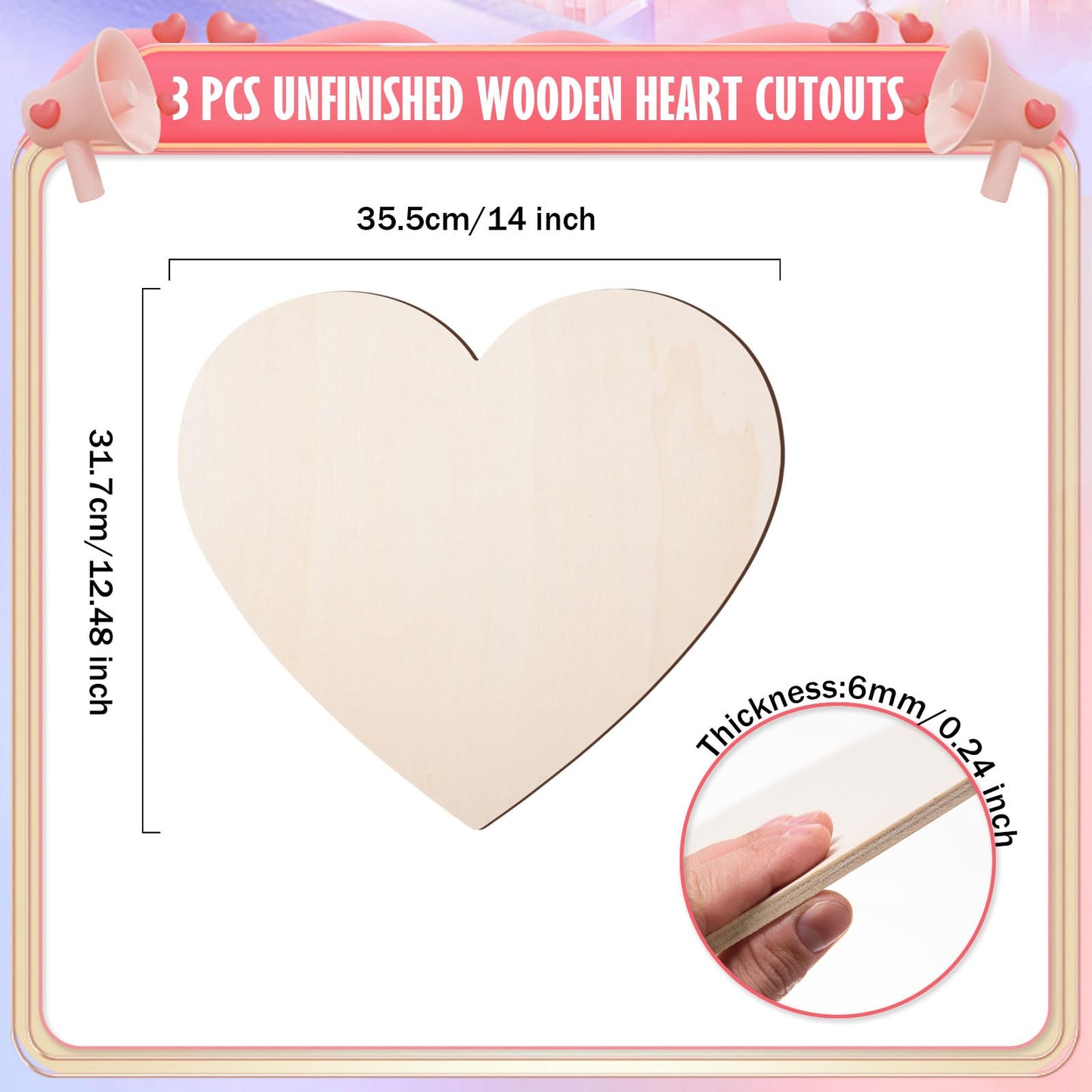 AWIZOM 3 Pcs 14 Inch Unfinished Wooden Hearts for Crafts Blank Wooden Heart Cutouts 1/4 Thick Large Wood Heart Slices for DIY Crafts Project, Painting, Door Hanger, Sign Making, Laser Engraving