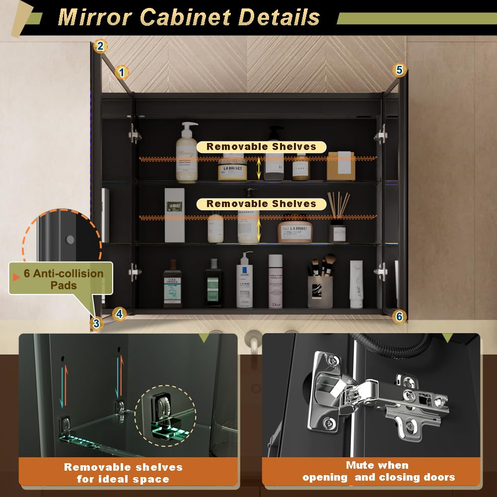 GANPE LED Lighted Bathroom Medicine Mirror Cabinet with Sockets & USBs, Anti-Fog Dimmable Light and Color Adjustment, Easy to Install Aluminum Cabinet (30 * 28 Two-Door)
