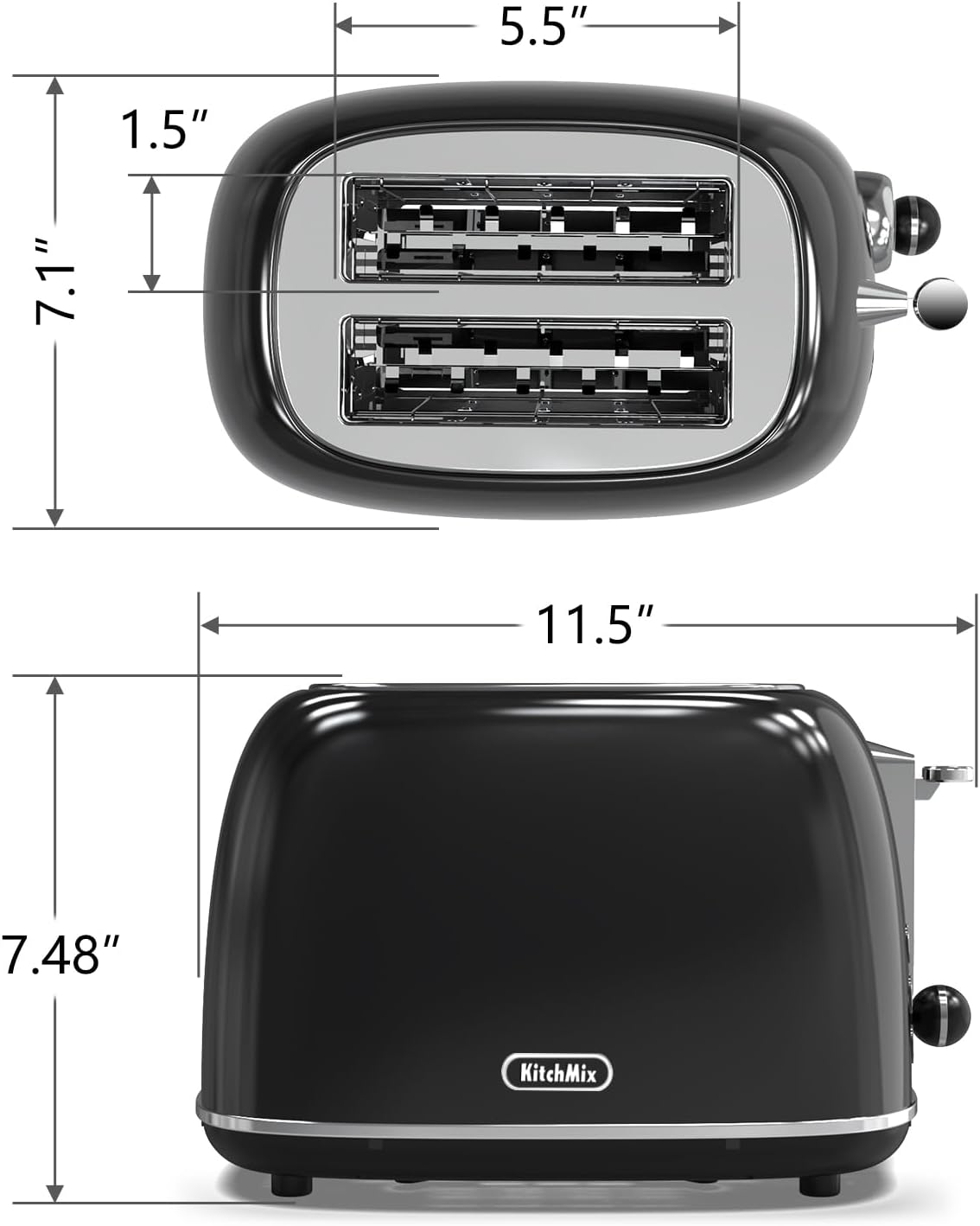 Toaster 2 Slice, Retro Stainless Steel Toaster with 6 Settings, 1.5 In Extra Wide Slots, Removable Crumb Tray, Bagel