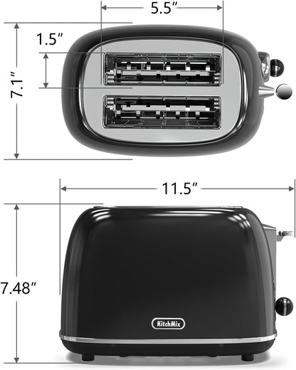 Toaster 2 Slice, Retro Stainless Steel Toaster with 6 Settings, 1.5 In Extra Wide Slots, Removable Crumb Tray, Bagel
