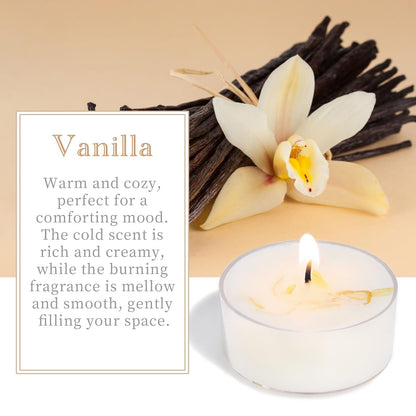 Vanilla Scented Tealight Candles, 48 Pack- Extended 4-5h Clear Cup Scented Tea Lights with Handmade Floral Surface, 100% Natural Palm Wax Tealights Smokeless for Home Cozy Night, Holidays