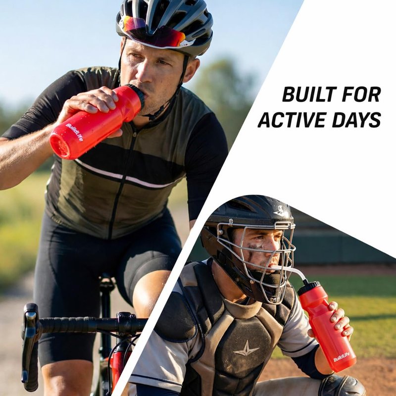 BuildLife 2 Pack Sports Water Bottle - Hockey Water Bottle with Long Straw and 2 lids (Straw and Squeeze) for Helmet Sports Hockey, Lacrosse, Football, Boxing, BPA Free,Dishwash Safe (Red)