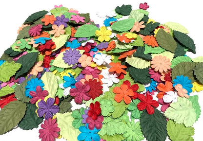 200 Pcs Handmade Mixed Mulberry Paper Flowers Petals and Leaves Scrapbooking Wedding DIY Craft Supplies Card (10 Colors Flowers/Green Tone Leaves)