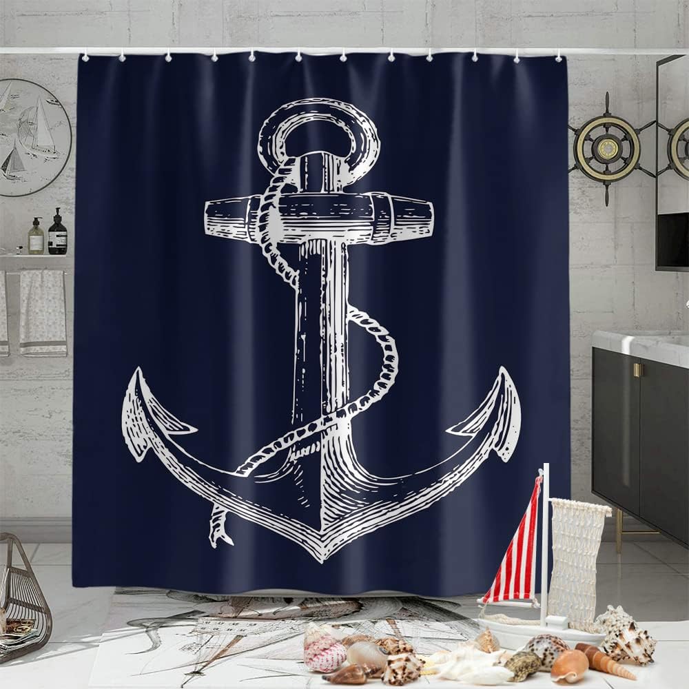 Custom Nautical Navy Blue Anchor Shower Curtain, 70x72 Inch