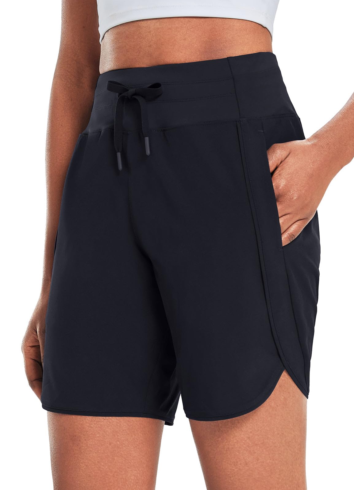 baleaf Women's 7" Long Running Shorts Athletic Workout Gym Quick Dry Hiking Shorts High Waisted Zipper Pocket Black L