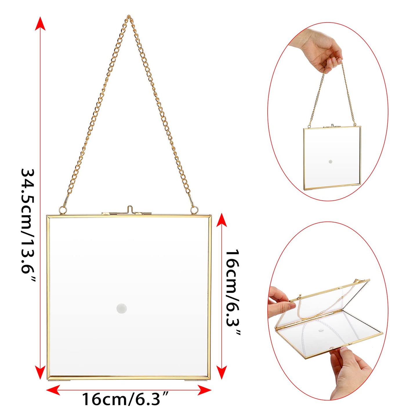 JUXYES 2 Pack Wall Hanging Brass Frame for Pressed Flowers, Glass Floating Frames for Display Dried Flowers Artwork, Double Glass Floating Style Square Gallery Wall Frame for Plants Photo Picture Poster etc