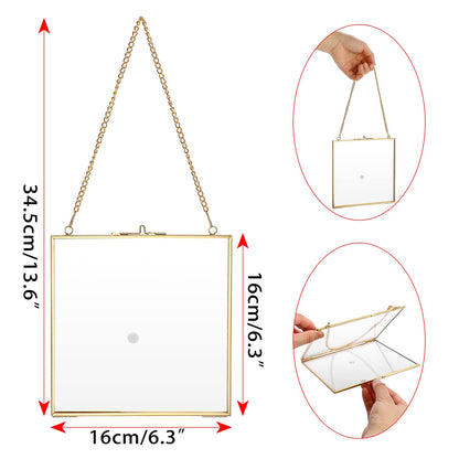 JUXYES 2 Pack Wall Hanging Brass Frame for Pressed Flowers, Glass Floating Frames for Display Dried Flowers Artwork, Double Glass Floating Style Square Gallery Wall Frame for Plants Photo Picture Poster etc