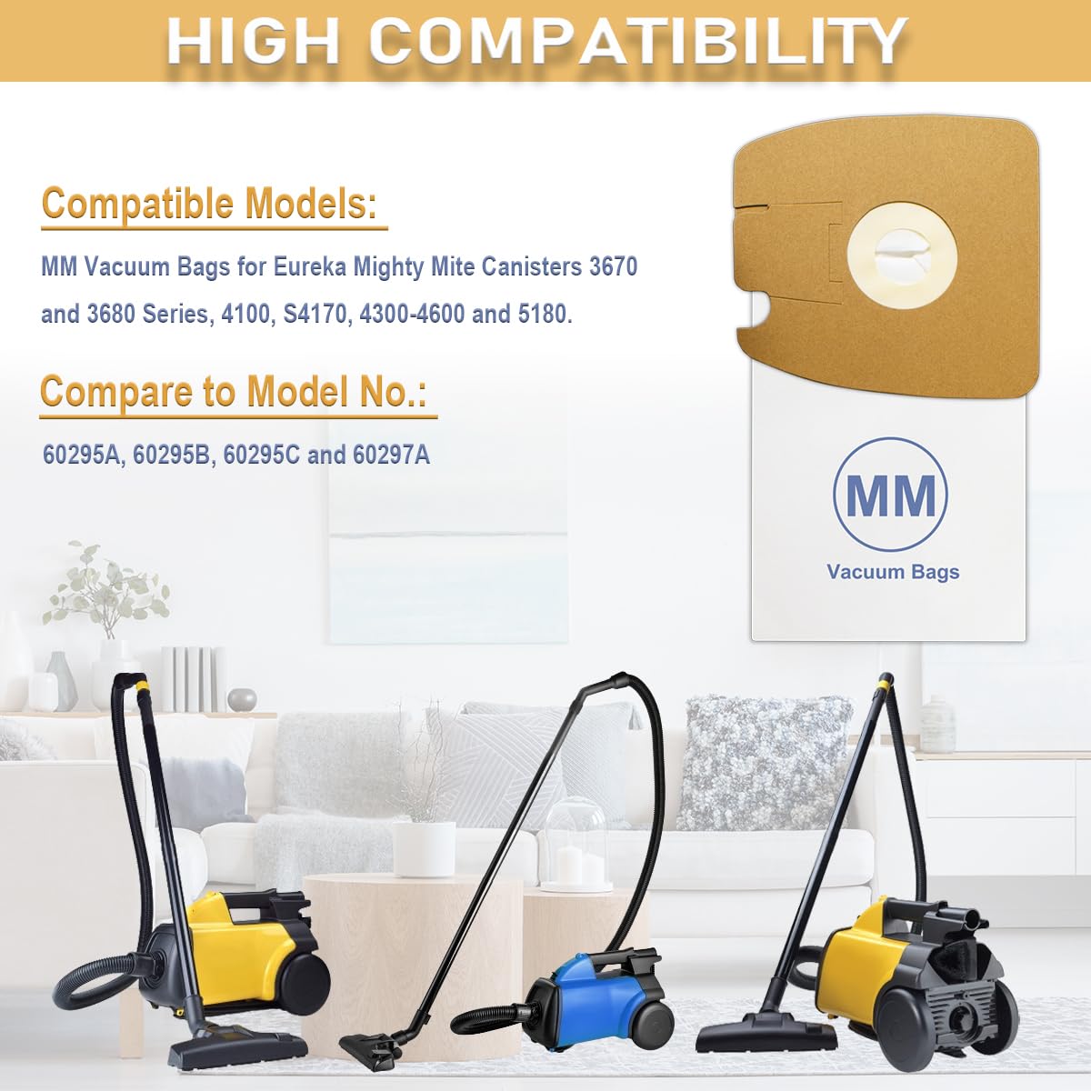 MM Vacuum Bags for Eureka 3670, 3670M, 3670H, 3670G, 60295C, 60297A Mighty Mite Canisters, Part # 60295, 8 Pack
