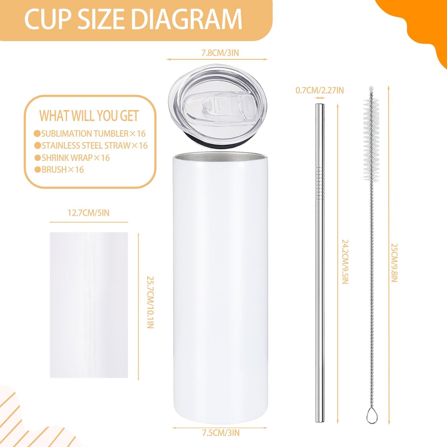 16 Pack Sublimation Tumblers Edge Blanks Skinny Straight Bulk 20 oz, Stainless Steel Double Wall Insulated Tumbler with Straw & Lids for Heat Transfer, White