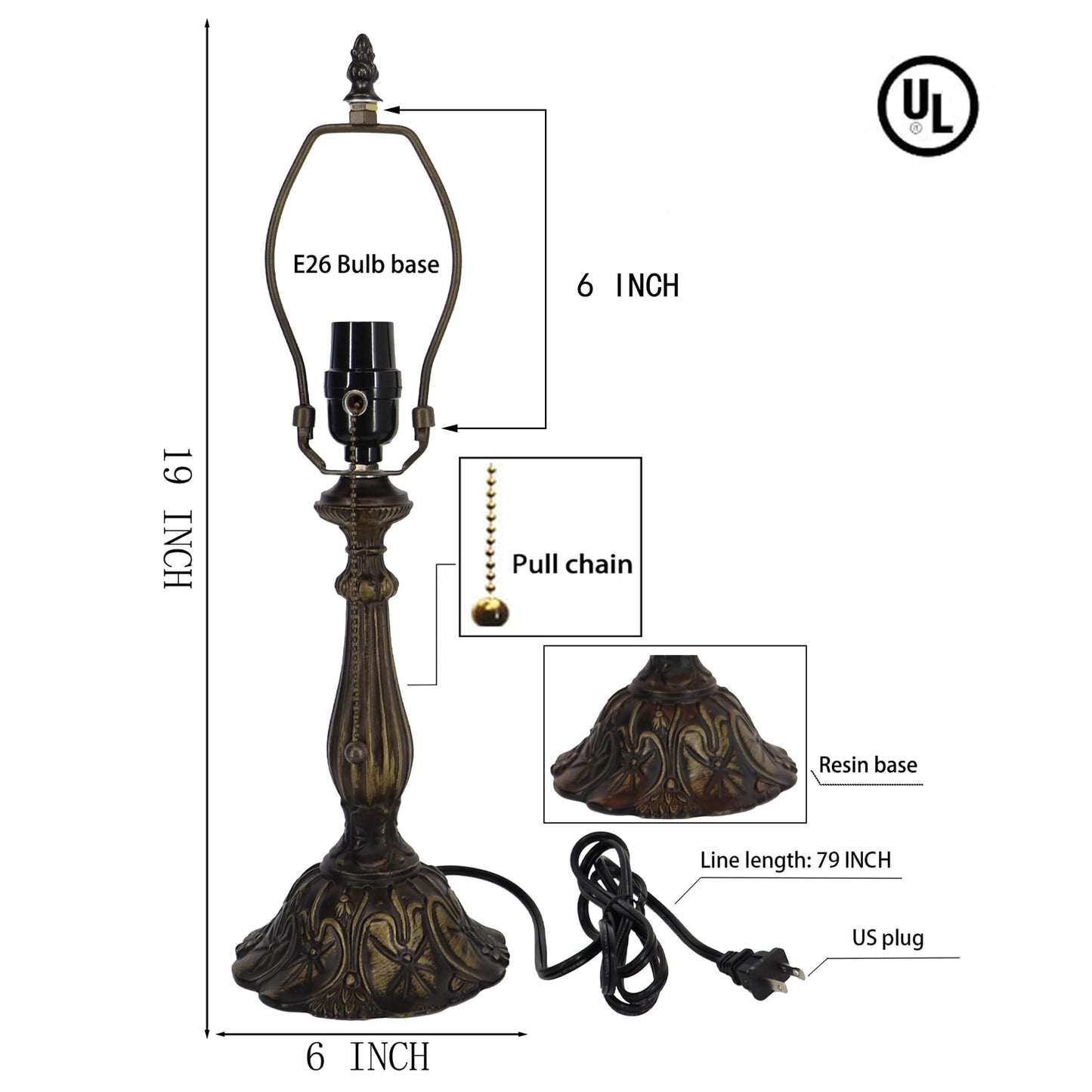 LXHCYOU Table Lamp Base Replacement, Dark Bronze Finish, Resin, 6.5x19 Inch, Fit for 8, 10, 12 Inch Tiffany Style Stained Glass Lampshade (W6.5X19 inch)