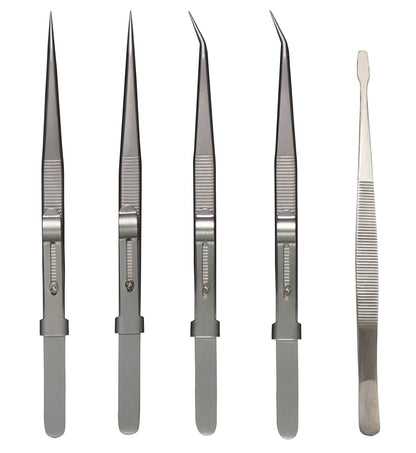 Grteark 5Pcs Precision Tweezers Set, Flat/Pointed/Curved Angled Locking Long Tweezers for Crafts, Medical Surgical, Lab, Soldering, Jewelry Crafting, Watch & Electronics/Car Repair,Splinter Removal