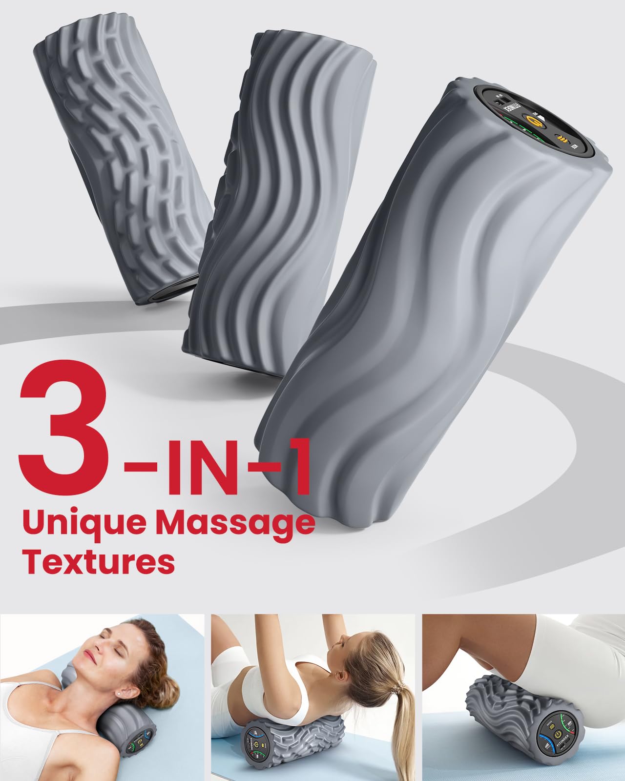 FITINDEX Vibrating Foam Roller for Back Pain, 5-Speed Muscle Massage, FSA HSA Eligible, Exercise, Muscles Deep Tissue, Physical Therapy, Pilates, Yoga, Neck, Leg, Rechargeable, Travel Portable Gray
