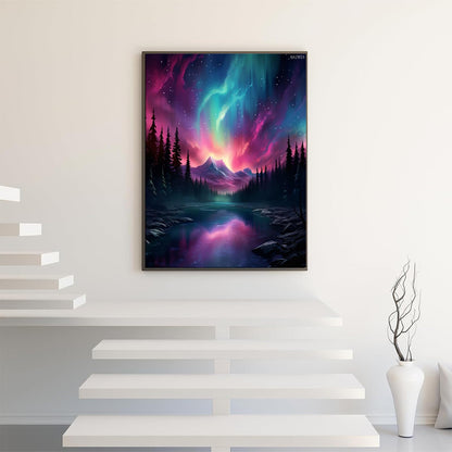 QAZWSX 5D Diamond Art Painting Kit with Round Full Diamond Art for Beginners, Cross Stitch gem Wall Art Home Decor 30x40cm Northern Lights, Mountains, Trees, Lakes