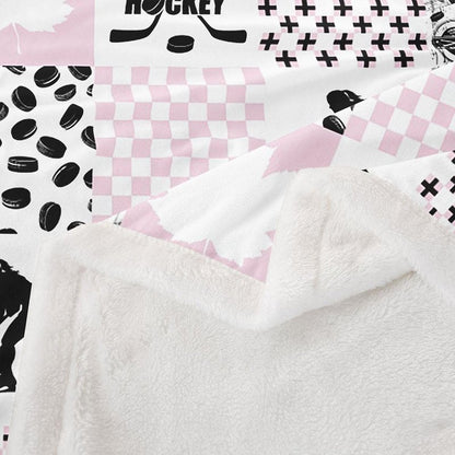 Erosebridal Ice Hockey Twin Size Fleece Blanket for Girls, Puck Sports Games Fuzzy Blankets for Kids Teens Bedroom, Hockey Player Throw Blanket Plaid Patchwork Blankets, Pink White Black