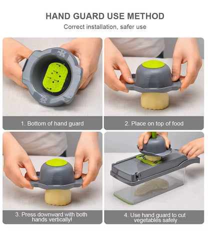 Vegetable Chopper and Slicer, 15-in-1 Manual Food Dicer with Container, Stainless Steel Blades, Gray and Green
