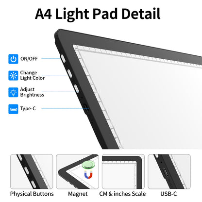 TOHETO Rechargeable A4 Light Board with Stand, Super Bright Magnetic Light Pad with Side Buttons, Wireless Light Box for Tracing and Drawing, Cordless LED Light Table for Diamond Painting, Sketching