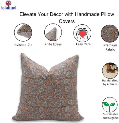 14x14 Floral Pillow Cover Cushion Covers Pillowcase Hand Block Print Thick Linen Decorative Accent Throw Covers