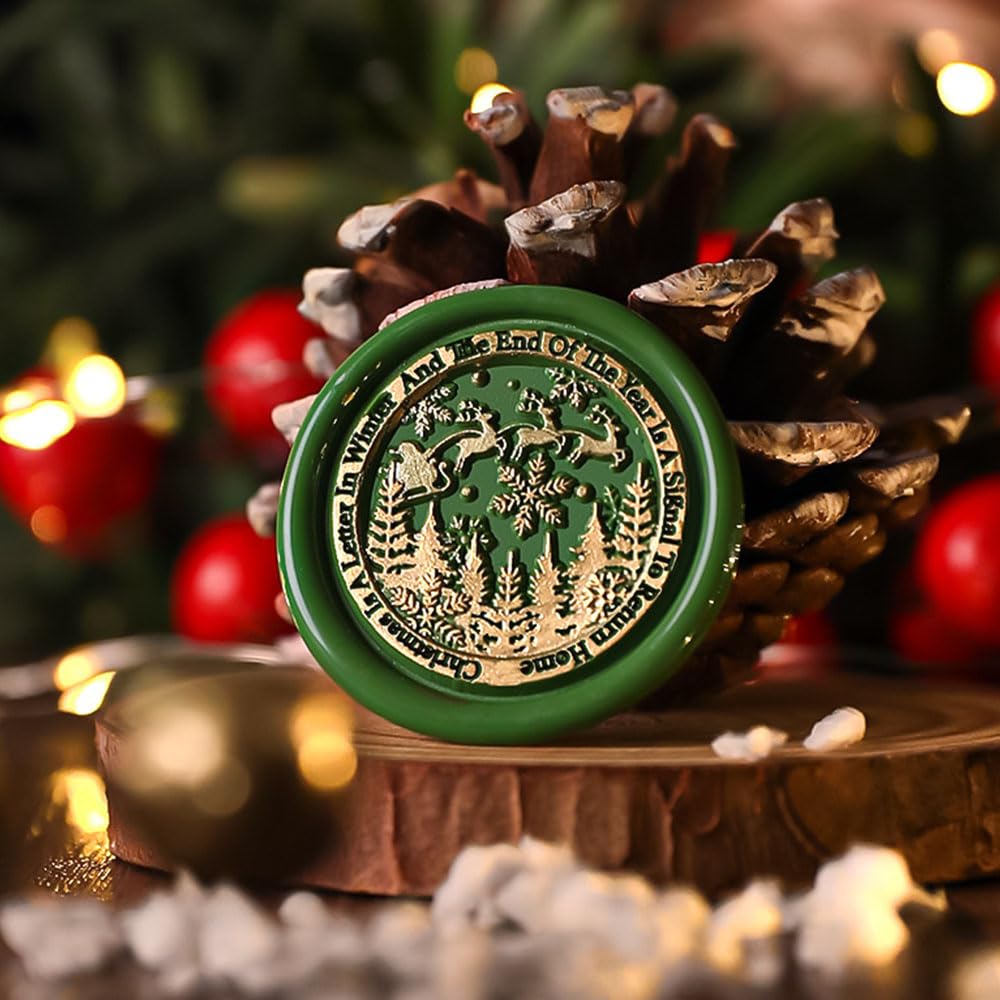 3D Vintage Christmas Wax Seal Stamp Kit - Snowflake Snowman Xmas Tree Elk Designs with 3 Copper Brass Heads and 1 Wooden Handle for Envelope & Gift Wraps