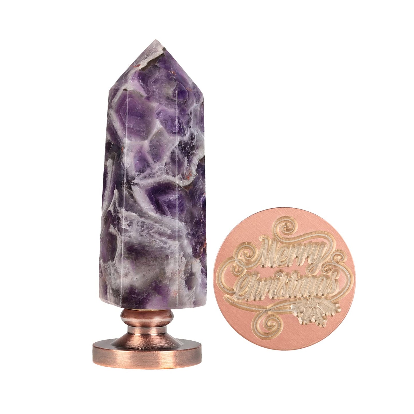Cheungshing Amethyst Crystal Hexagon Prism Wax Seal Stamp, Detachable Vintage Copper Seals for Invitation Cards for Christmas Halloween Thanksgiving Gift, Merry Christmas Pattern