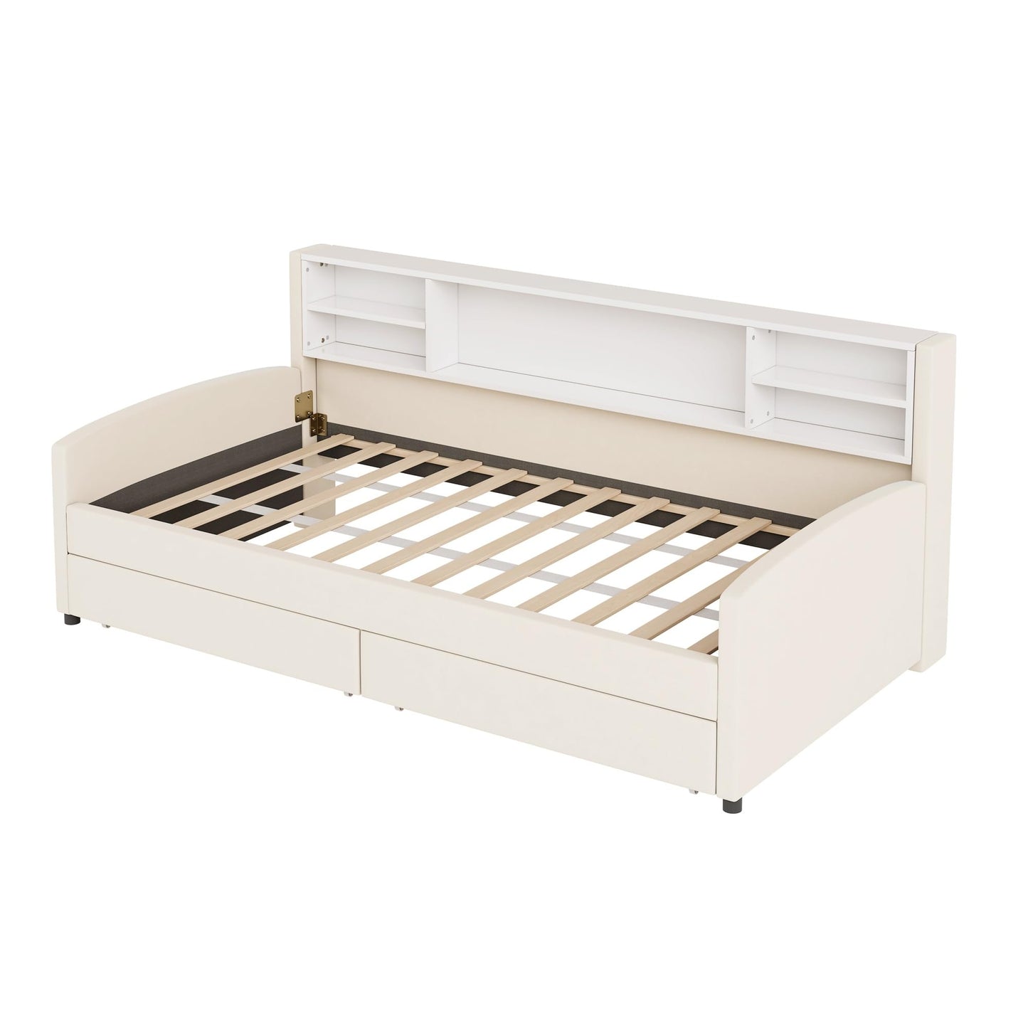 Merax Twin Size Upholstered Platform Bed with Storage and Drawers, Beige