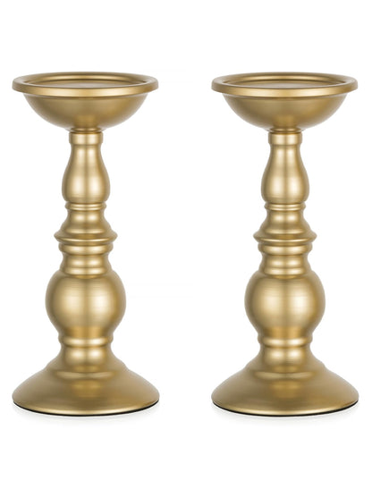 Set of 2 Gold Candlestick Metal Pillar Candle Holders, Flameless Candlestick Holders Stand Centerpieces Decoration Ideal for Weddings, Special Events, Parties