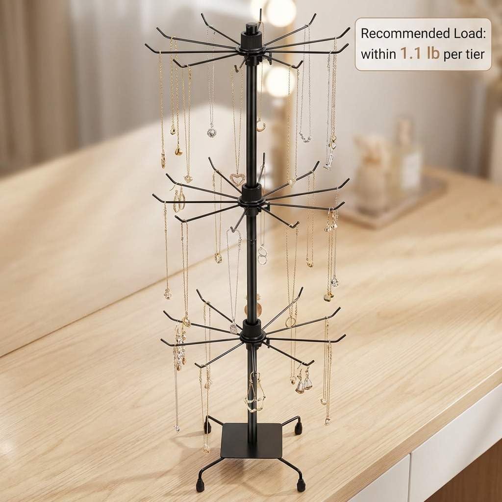 QWORK 3-Tier Rotating Metal Jewelry Display Stand – Adjustable Tabletop Holder for Necklaces, Earrings & Key Rings