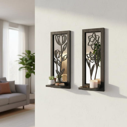 ZEXUIRU 2 Set Rustic Candle Sconces Living Room Bedroom Entryway Wood Mirrored, Farmhouse, Carved Frame Wall-Mount Wooden Candle Holders Wall Decor Hanging Handmade Holder - Black