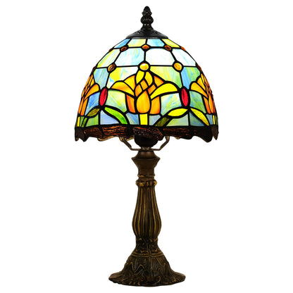 MOAN Small Lamp Stained Glass Table Lamp 8X14.5 Inch Bedside Reading Light Antique Light Desk Lamp(Rose Style)